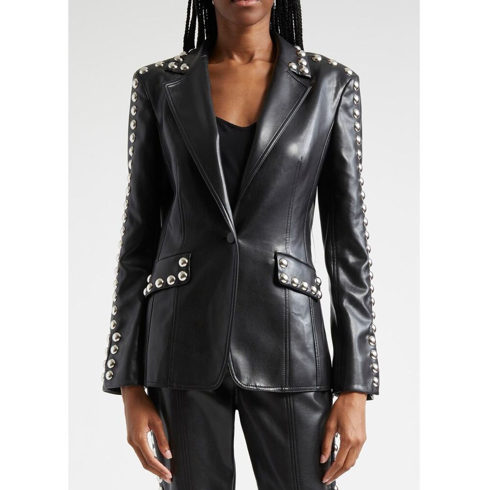 Cinq à Sept Milly Stud Detail Faux Leather Jacket Black Biker Moto Gorp Size 0